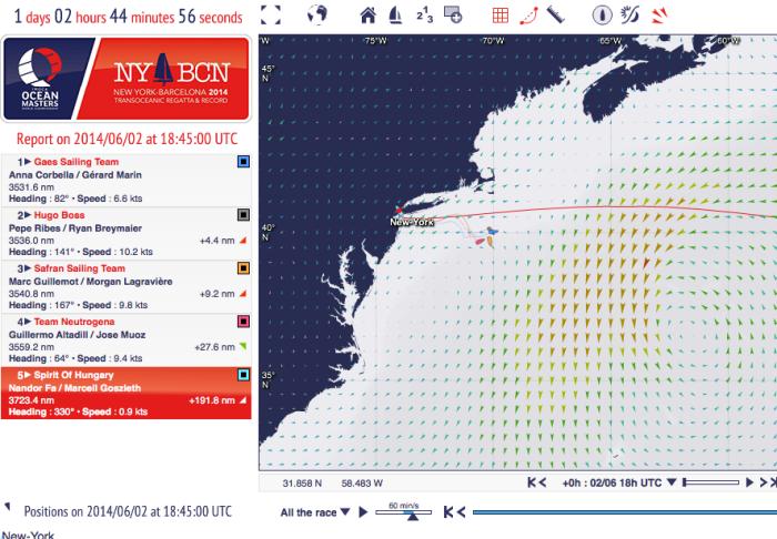 Widoczny na mapie niż oraz pozycje jachtów / http://oceanmasters-nytobcn.geovoile.com/2014/app/flash/