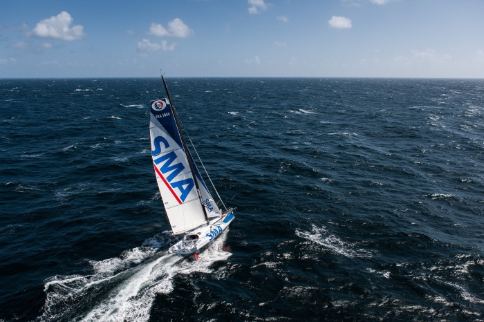 1st sailing aerial images of the new IMOCA SMA, skipper Paul Meilhat, training off Groix and Belle Ile with coach Michel Desjoyeaux, Mer Agitee, on may 06, 2015 - Photo Jean Marie Liot / DPPI / SMA